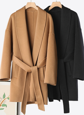 2024新款冬短款labbro浴袍款高端双面羊绒大衣女系带宽松毛呢外套