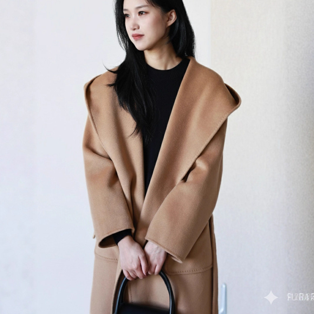 2025新款秋冬高支羊绒连帽双面羊绒大衣女慵懒浴袍款系带毛呢外套