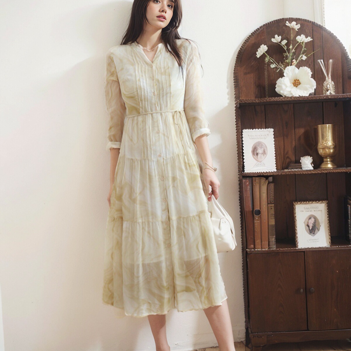 高腰真丝晕染气质印花系带茶歇裙