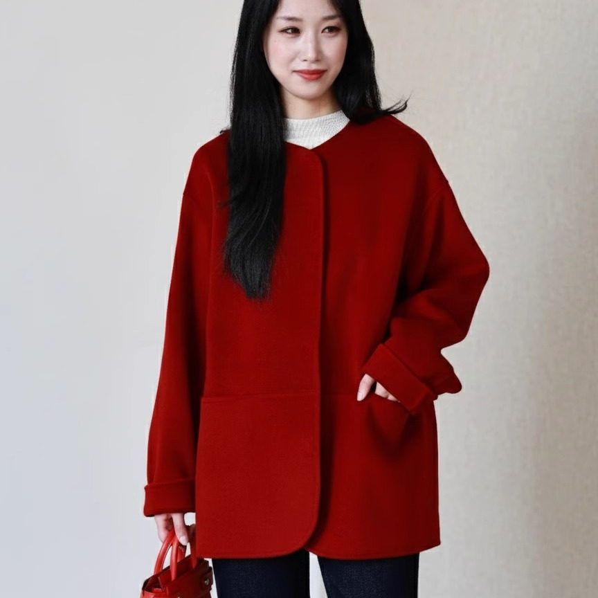 2025新款秋冬高级感圆领双面羊绒大衣女简约宽松短款高支羊毛外套