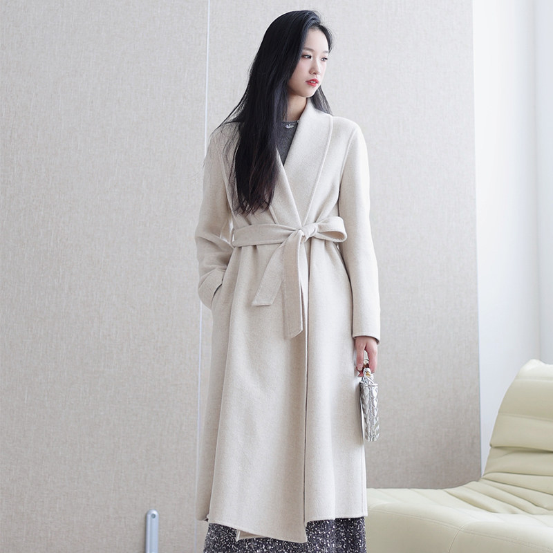 2025新款秋冬简约ROW风双面羊绒大衣女系带浴袍长款高支羊毛外套