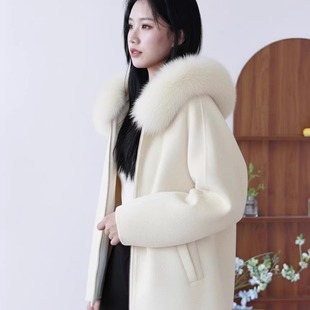 2025新款秋冬狐狸毛领羊驼羊毛双面羊绒大衣女小个子连帽毛呢外套