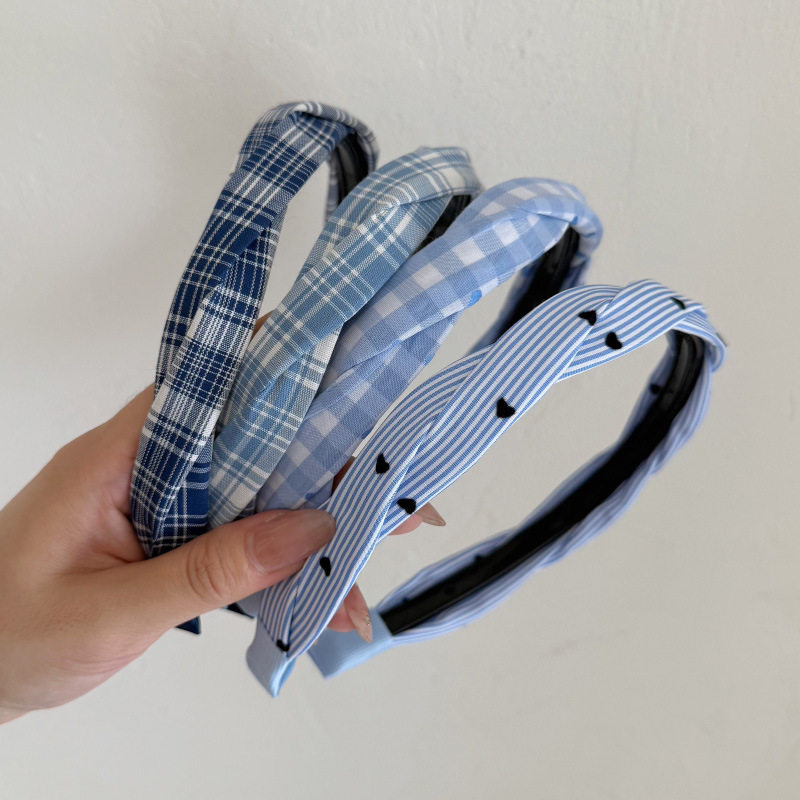 清新蓝色格纹麻花窄版发箍带齿防滑高颅顶头箍压发发卡发饰