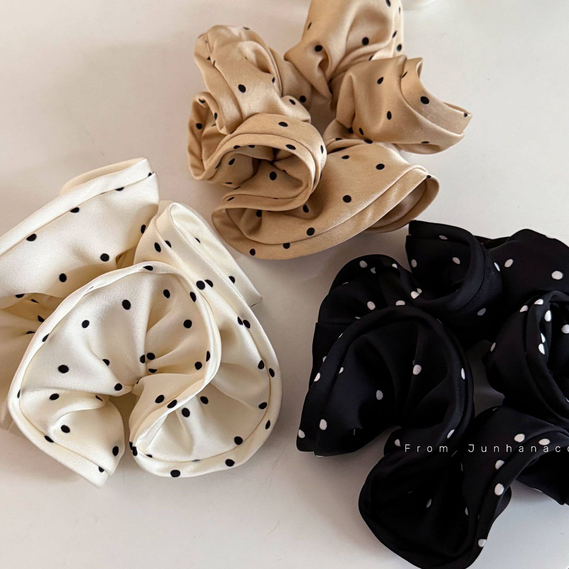 法式高档缎面黑白波点大肠发圈经典百搭丸子头马尾发绳发饰