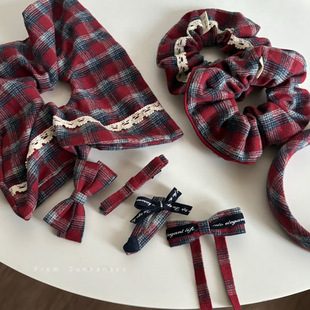 红蓝格纹蕾丝发夹发饰蝴蝶结爱心鸭嘴夹大肠发圈发箍温柔百搭刘海