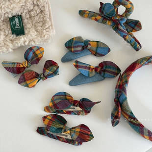 甜美黄蓝格纹发夹复古简约蝴蝶结发卡抓夹发箍侧边刘海夹发饰