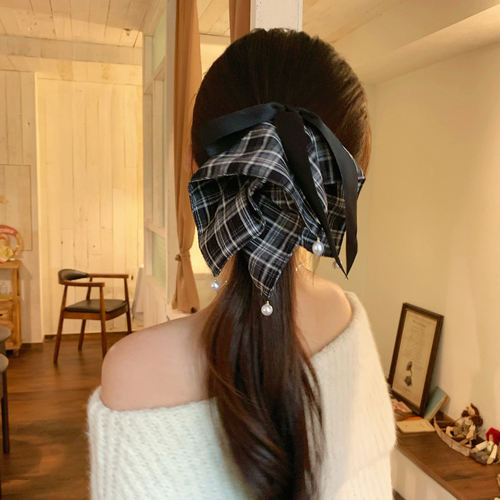 法式复古美拉德色系格纹方巾马尾夹少女心珍珠蝴蝶结盘发夹鲨鱼夹