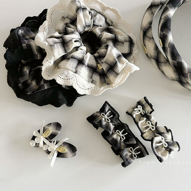 少女黑白格花边蕾丝发圈大肠圈蝴蝶结发夹发饰格纹发箍皮筋头绳女