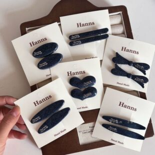 牛仔蓝发夹高级字母银标贴片对夹侧边刘海夹鸭嘴夹发饰新款头饰发