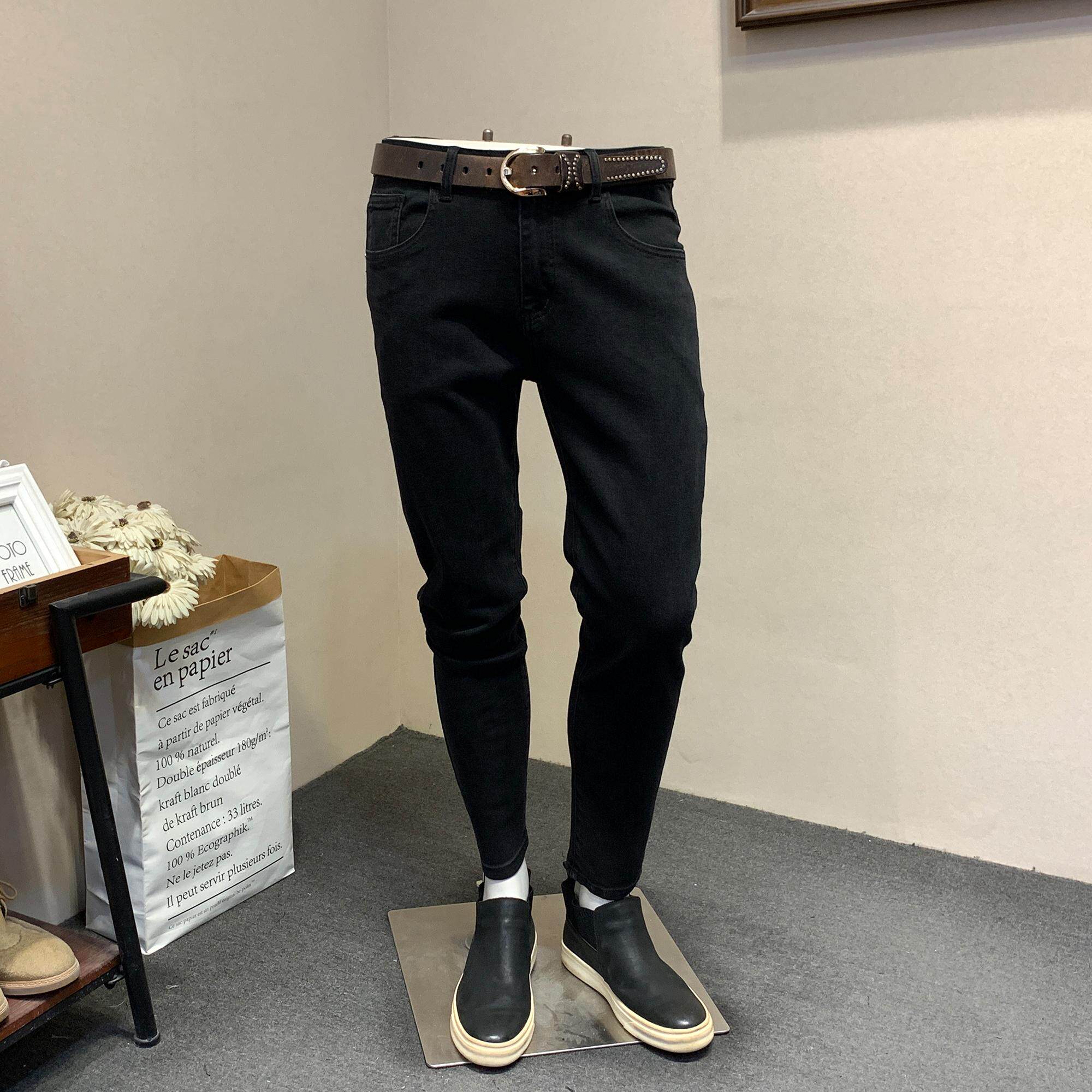 古仔秋冬季水洗黑色牛仔裤男士修身简约纯色小脚裤青年弹力长裤子
