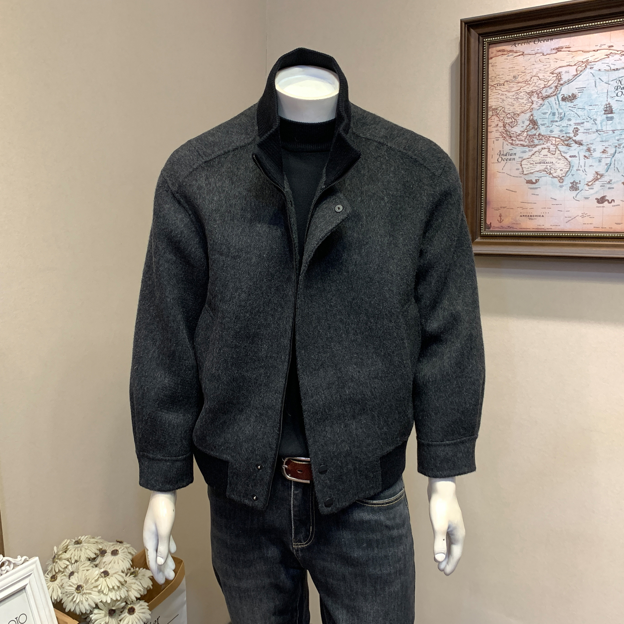 立领双面羊毛呢夹克男大衣外套