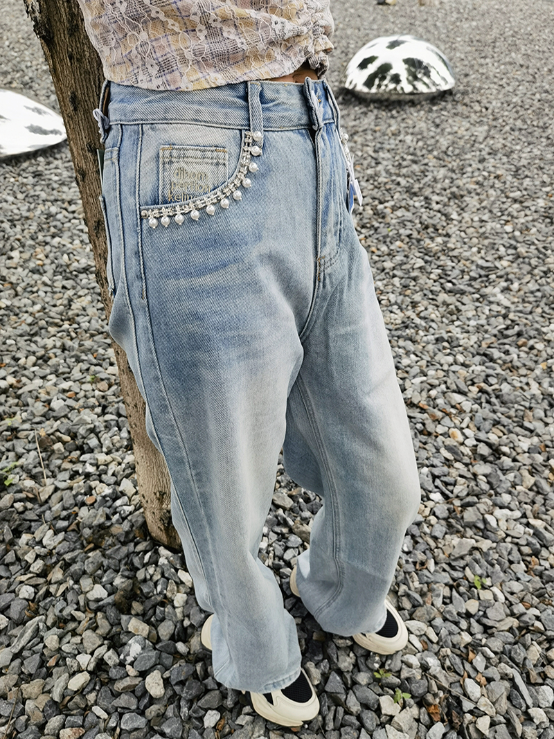 窄脚版阔腿裤女牛仔裤宽松钉珠闪钻直筒高品质柔软面料2024春装潮