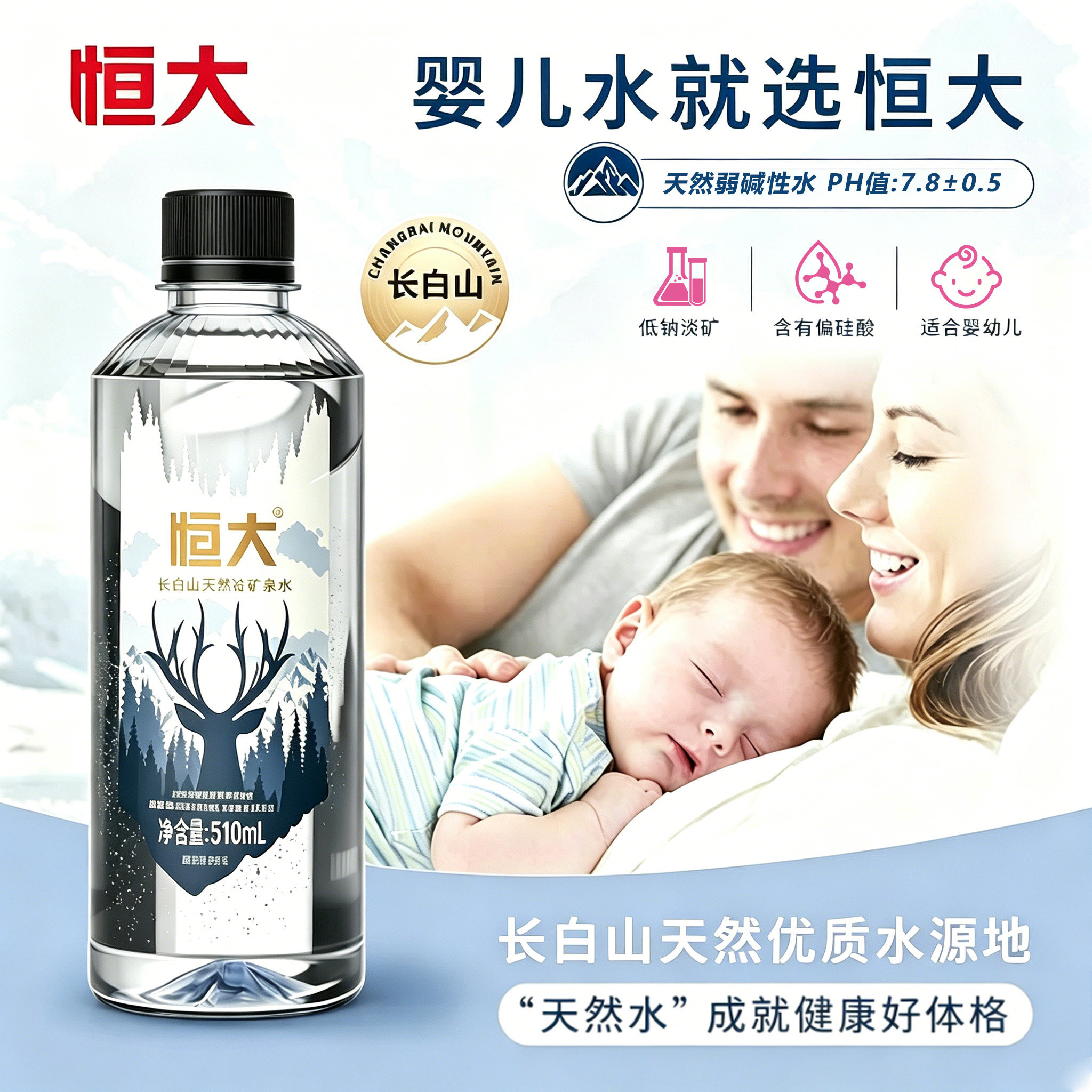 【新日期】恒大长白山婴幼儿天然水矿泉水510ml*12瓶低氘弱碱正品 - 实物图