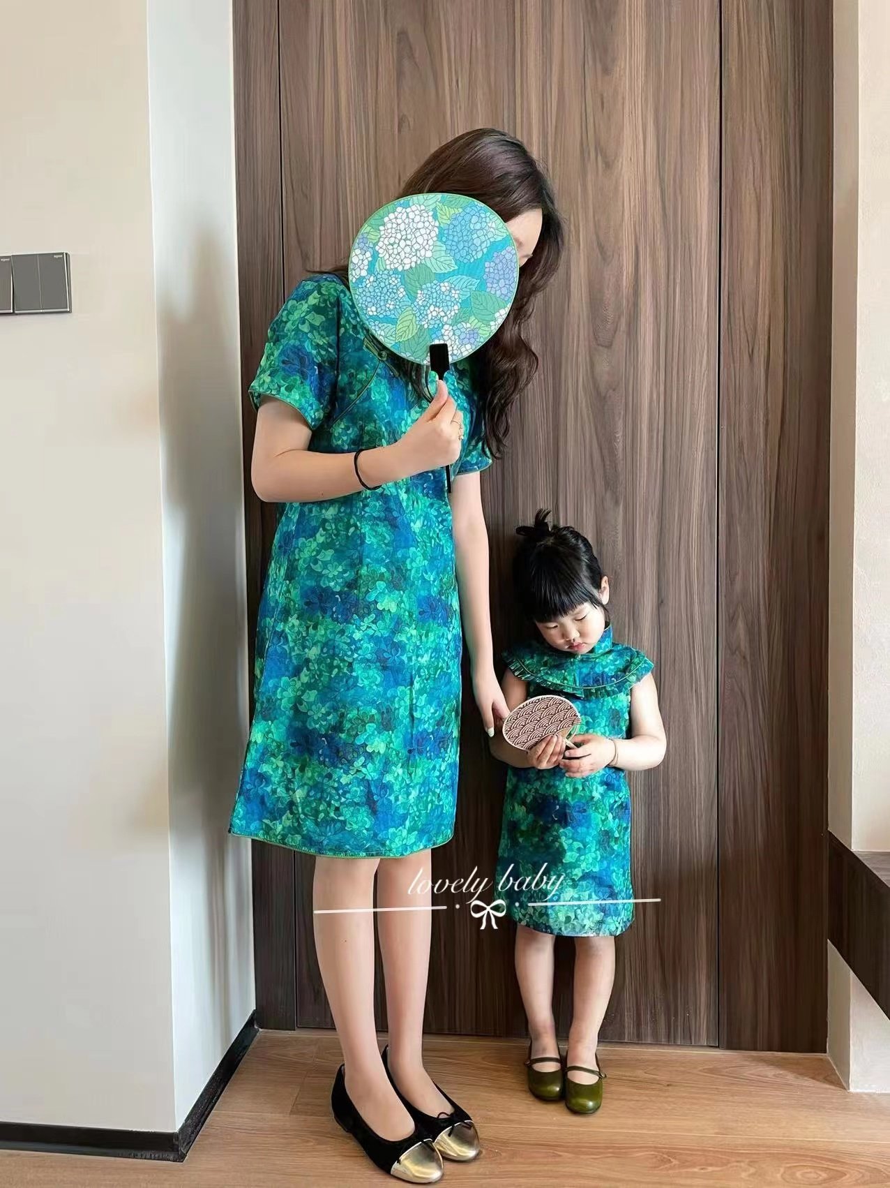 新款亲子装女童绿色短袖旗袍儿童中国风中小童妈妈母女连衣裙碎花