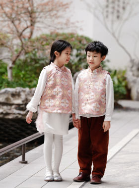 LOVELY BABY2026亲子金鱼戏莲新中式马甲国风上衣姐弟背心新中式
