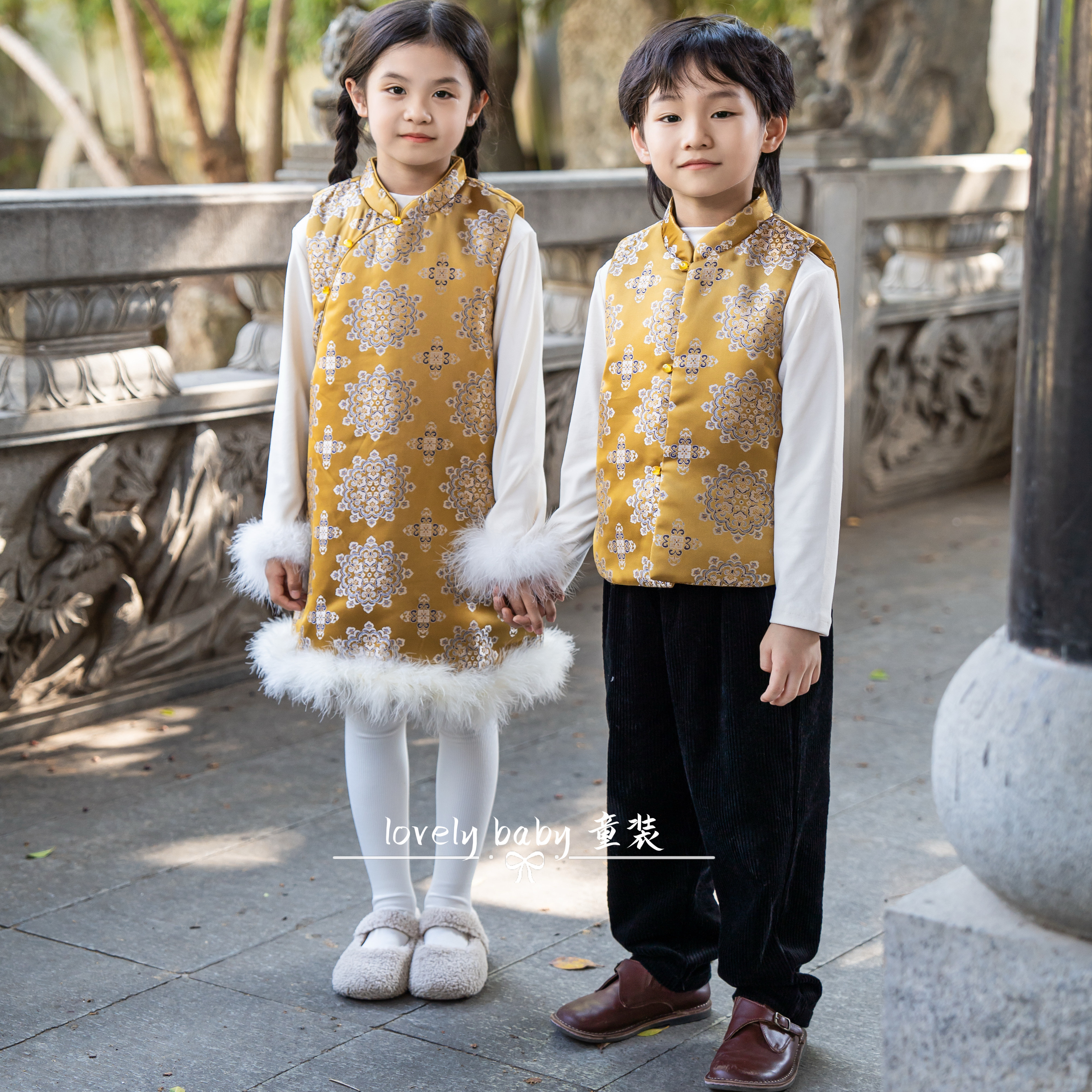 姐弟装-冬款儿童新中式国风男童马甲女童旗袍背心兄妹装拜年服