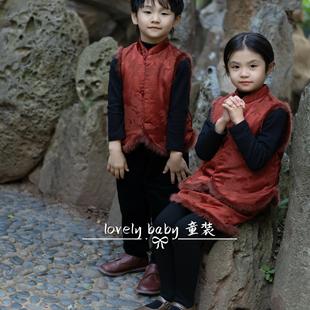 红色拜年服 男童新中式 LOVELY BABY2024姐弟国风女童夹棉马甲套装
