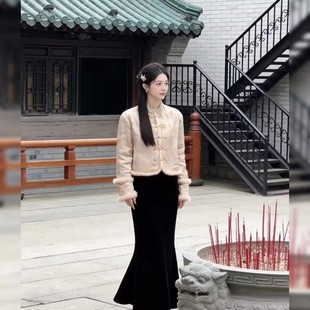 套装 立领修身 气质优雅中国风 风盘扣棉服鱼尾裙两件套女冬季 新中式