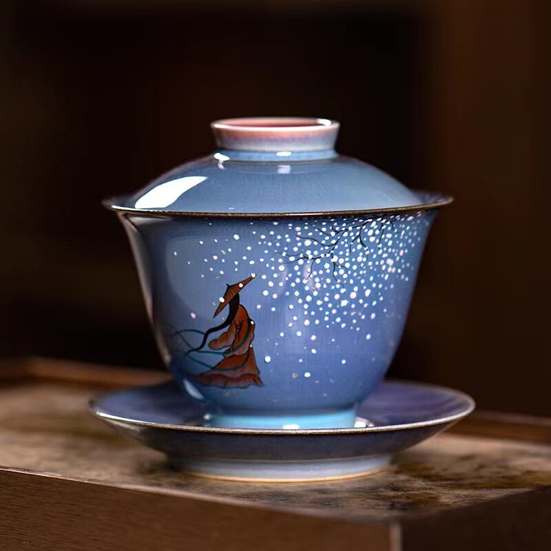 全手工手绘窑变盖碗三才碗套装功夫茶具 景德镇纯手工陶瓷泡茶器
