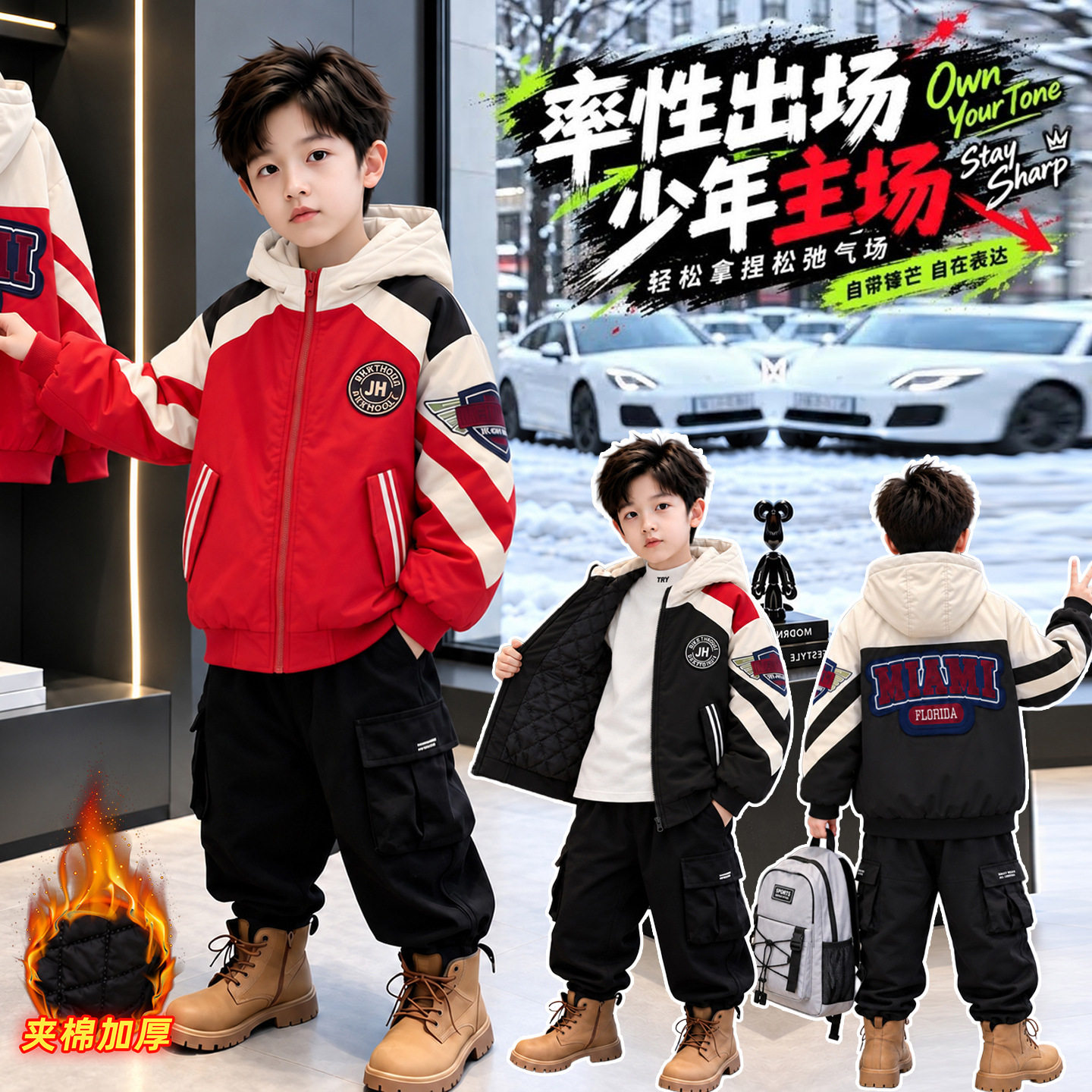 DULAN个性男童连帽棒球服外套时髦中大童休闲夹棉加厚防风秋冬装