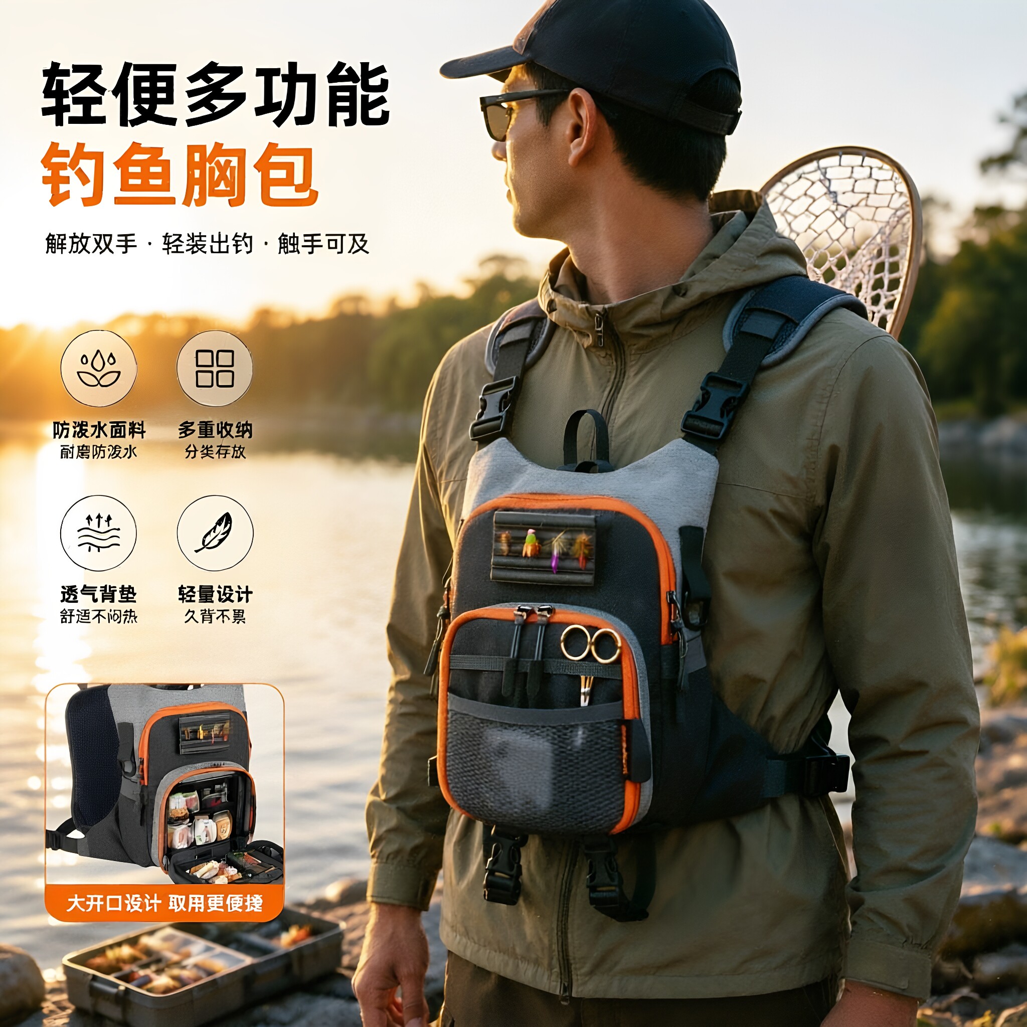 新款钓鱼胸包带2个飞箱收纳
