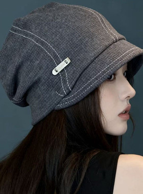 日系复古短檐抽绳设计针织堆堆帽女显脸小废土风素颜遮脸黑色冷帽