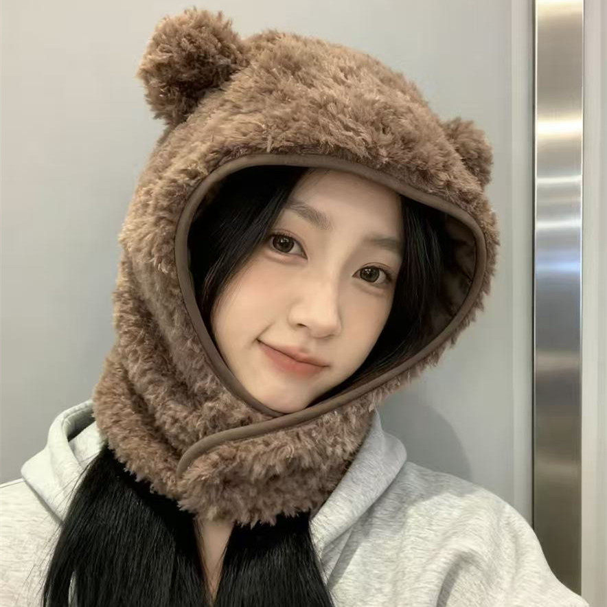 双面戴丨小熊护耳套头帽子围脖一体秋冬骑车防寒羊羔绒羽绒雷锋帽