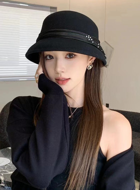 小赫本黑色法式复古灯罩帽显脸小