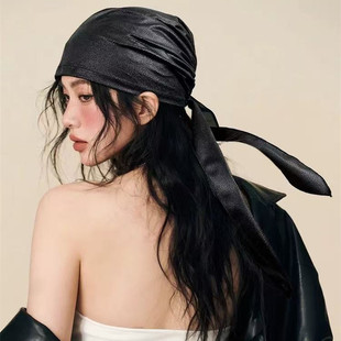 美式辣妹皮质头巾帽女显脸小蝴蝶结绑带包头冷帽网红音乐节兜兜帽