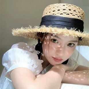 法式拉菲草编织镂空平顶草帽女夏海边沙滩遮阳防晒英伦风平沿礼帽