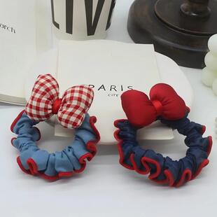 复古发绳头绳发饰 甜美红边牛仔蝴蝶结小肠发圈时尚 在逃公主 韩版