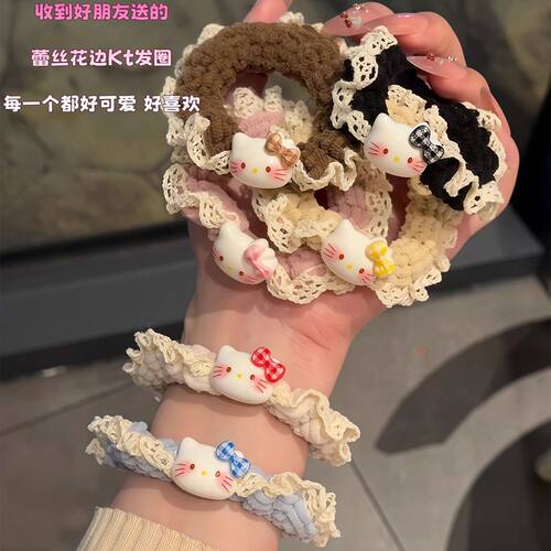 甜美蕾丝花边KT猫发圈少女卡通百搭马尾小肠圈闺蜜少女ins头饰