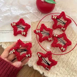 新年毛绒大红五角星BB金色蝴蝶结星星发夹少女碎发bb发饰圣诞发卡