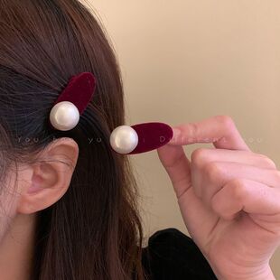 黑色丝绒珍珠侧边发夹女前额刘海碎发鸭嘴边夹秋冬法式小夹子头饰