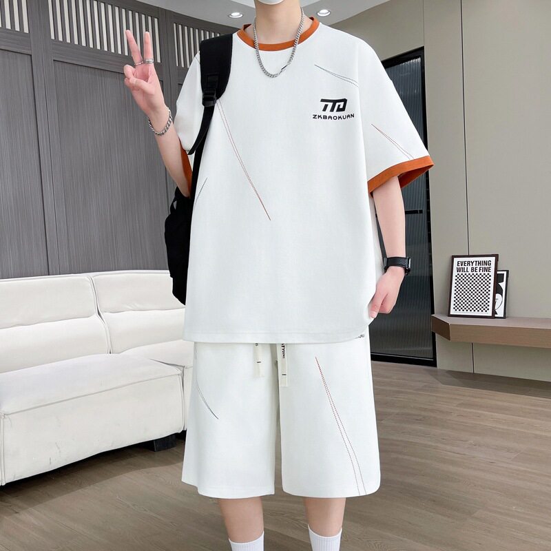 运动套装男夏季新款美式复古印花短袖短裤男青少年帅气休闲两件套