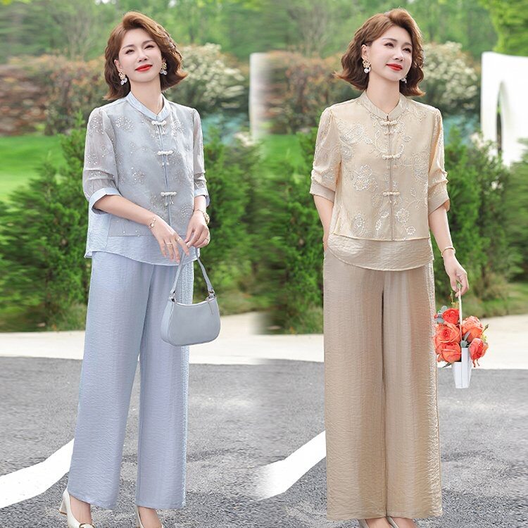 时尚妈妈装夏天衬衫女短袖套装夏装新款年轻气质中老年t恤两件套