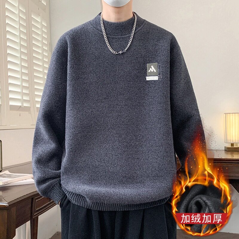 秋冬季2026新款潮牌宽松学生圆领毛衣男士加绒加厚针织套头上衣服