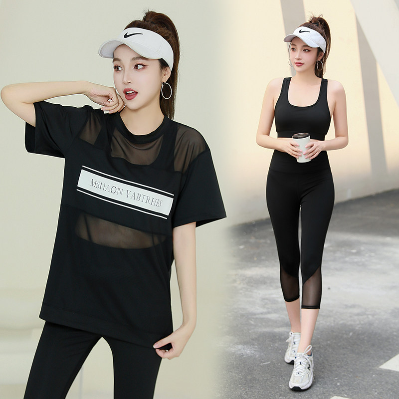 夏季跑步运动套装女短袖网纱拼接健身瑜伽服速干宽松遮臂大码速干
