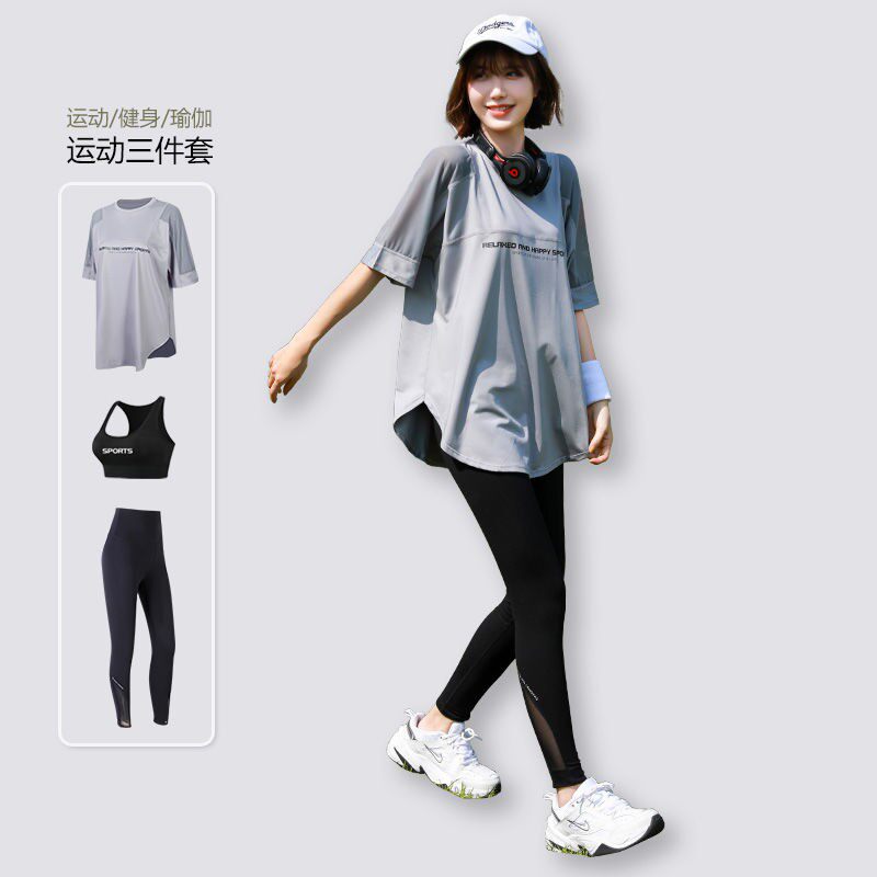 夏季薄款大码瑜伽服胖mm宽松200斤跑步运动套装女士速干上衣健身