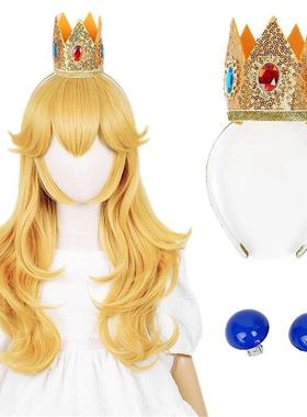 正品桃花公主马里奥cosplay假发金黄色翻翘微卷80cm长发+皇冠头饰