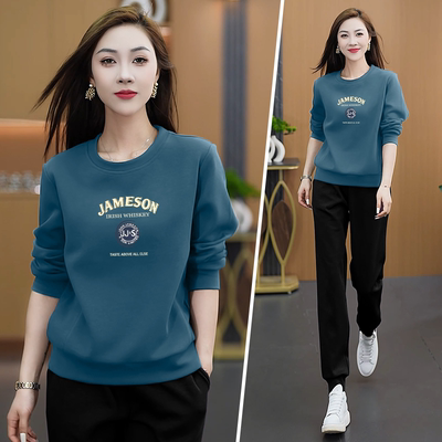 新款长袖休闲圆领印花时尚洋气运动套装秋冬季通勤宽松百搭两件套