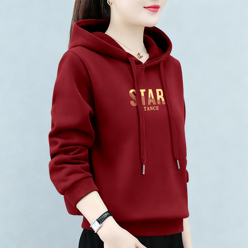 减龄连帽宽松长袖外套加绒加厚卫衣新款秋冬女士简约时尚休闲上衣