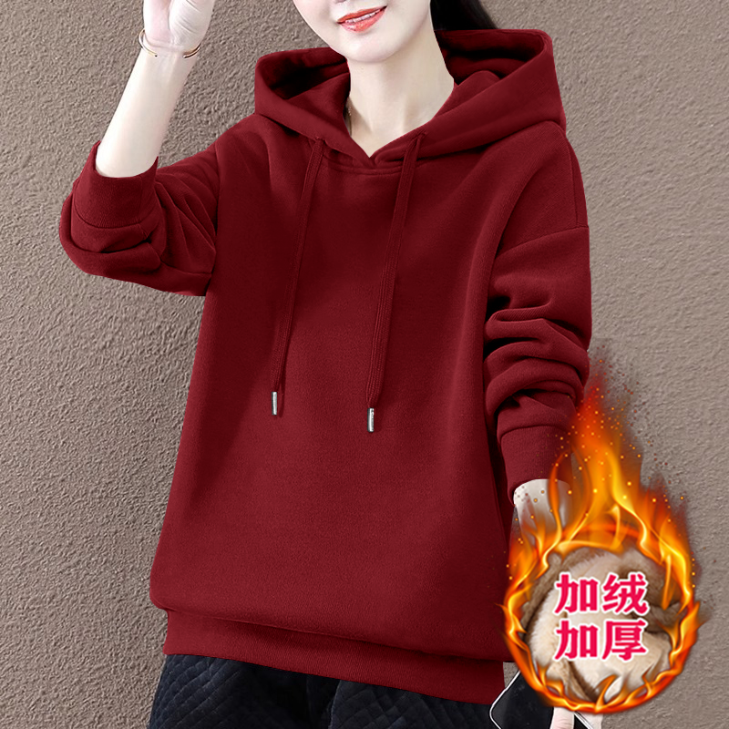 连帽卫衣2025年新款爆款秋冬女士加绒加厚休闲简约百搭宽松上衣
