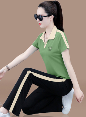 洋气休闲运动套装女夏装2024新款短袖POLO领上衣妈妈运动服两件套