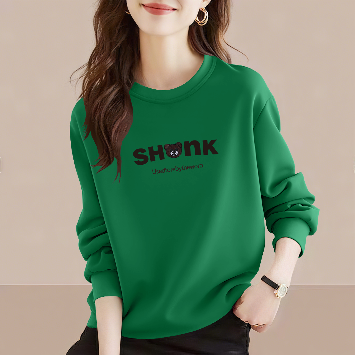 修身时尚洋气休闲长袖通勤秋冬女士新款加绒百搭印花加厚圆领卫衣