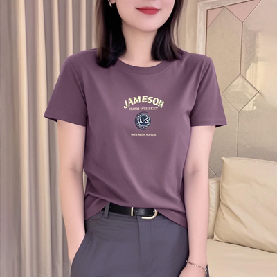 新款简约时尚显瘦百搭休闲夏季短袖t恤女士宽松大码圆领印花上衣