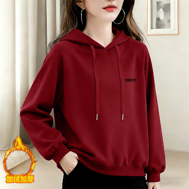 中年妈妈宽松休闲韩版长袖卫衣女冬季节加绒加厚外套百搭通勤上衣