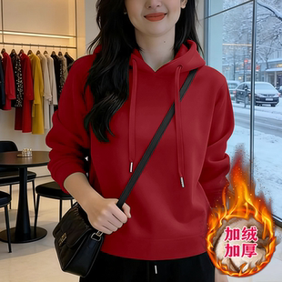 外套 卫衣保暖秋冬洋气宽松加绒上衣时尚 加厚女士新款 休闲连帽长袖