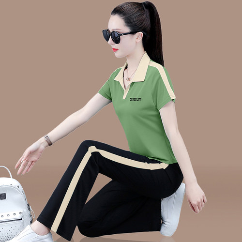 运动服套装减龄翻领女夏短袖冰丝
