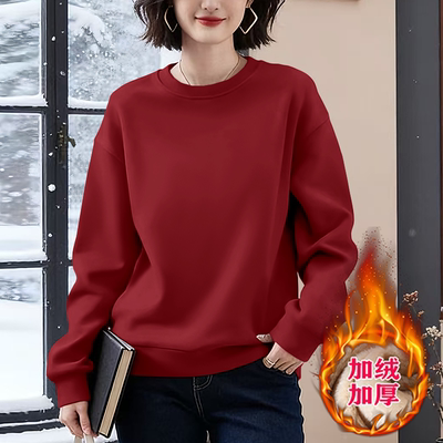 简约修身保暖加绒加厚纯色卫衣宽松圆领秋冬长袖通勤百搭时尚上衣